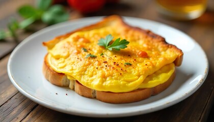food Photography, 5-minute cooked omelette on toasted bread, no black pepper, with toast on white plate