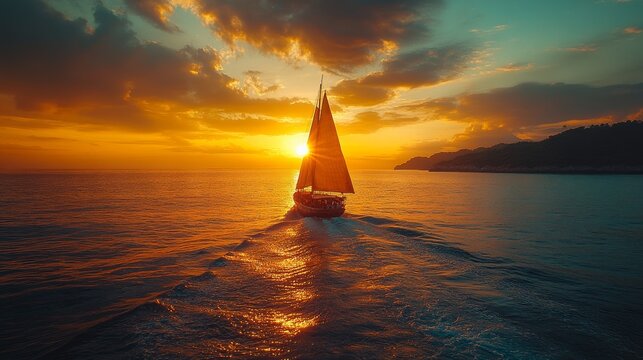 Sailboat sailing on ocean at sunset.