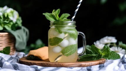 Refreshing Glass of Iced Mint Tea with Straw in Bright Summer Setting