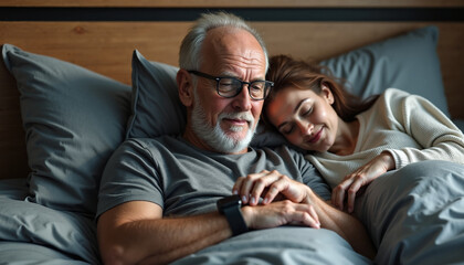Elderly man and woman enjoying cozy moment in bed