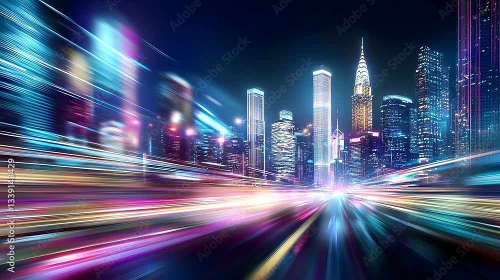 Poster cutting edge futuristic cityscape with neon lit skyscrapers and dynamic digital storefronts ai power