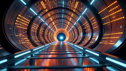 High-tech futuristic tunnel with glowing neon rings and an infinite perspective.
 - Powered by Adobe