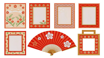 Elegant Red & Gold Japanese Floral Frames & Hand Fan Asian Design Elements