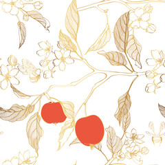 Golden line apple branch. Blooming branch of sakura apple tree seamless pattern.