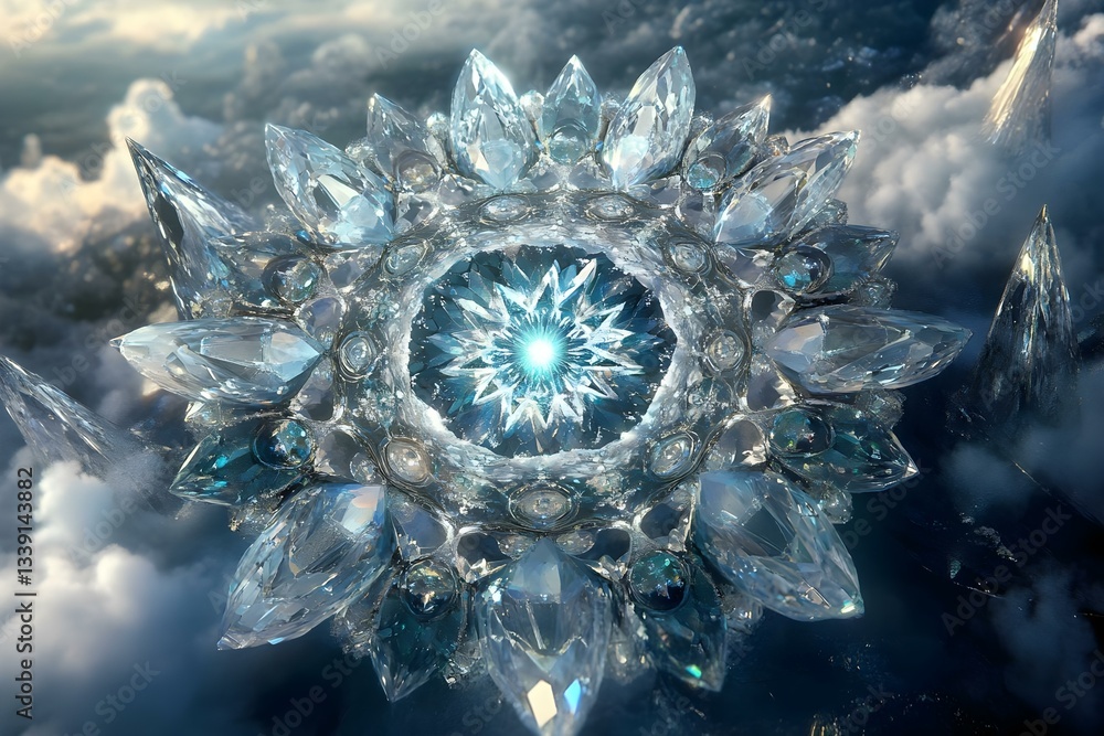 Poster a stunning, intricate crystal structure resembling a snowflake, surrounded by clouds and luminous li