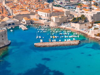 Croatia. Aerial view of old town of Dubrovnik and clear turquoise Adriatic Sea. Travel background