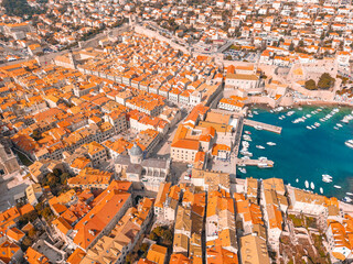 Fototapeta premium Aerial panorama of old town of Dubrovnik and clear turquoise Adriatic Sea. Travel background