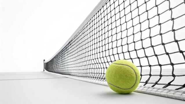 Tennis ball resting against a net on a white court, symbolizing sportsmanship, tennis culture, and competitive spirit with copy space