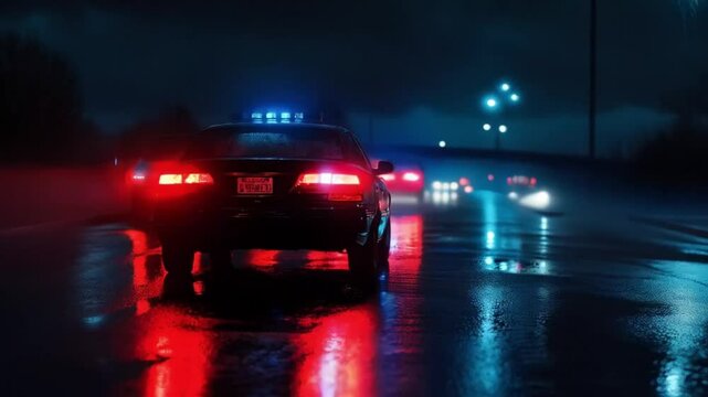 Police car driving on wet road at night. The scene is dark and gloomy. Smooth repeating motion for background video animation