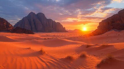 Naklejka premium Vibrant sunset over vast orange sand dunes and majestic mountains in a desert landscape.