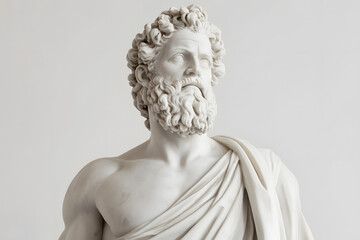 Greek sculpture of an old stoic man, roman god statue,  white creme background