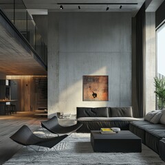 A modern living room with concrete and wooden interior features