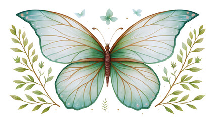 Obraz premium Enchanting Teal Butterfly with Delicate Floral Accents Watercolor Illustration