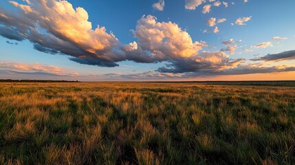 Obraz premium Vibrant Green Field of Grass Under Bright Blue Sky Evoking Tranquility