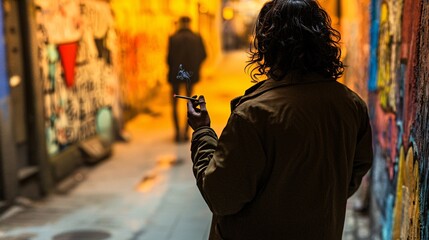 Obraz premium young adult standing in an alley, holding a cigarette with their back turned to the camera, giving off a rebellious and carefree vibe. Graffiti-covered walls create an edgy urban feel. young 