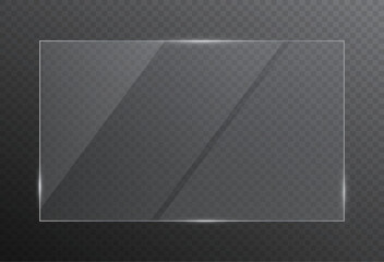 Glass plate on transparent background. Realistic screen glass, window mockup, clear glass showcase, glossy plastic glare frame, acrylic with glares and light, clear rectangular plate, plexiglas, 3d.