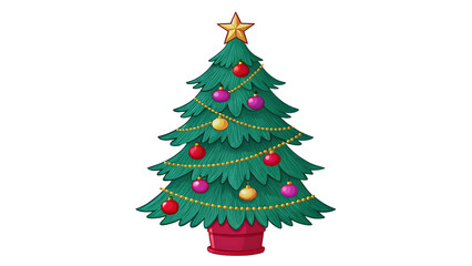 Fototapeta premium Festive Christmas Tree Illustration Decorated with Ornaments, Lights & Star