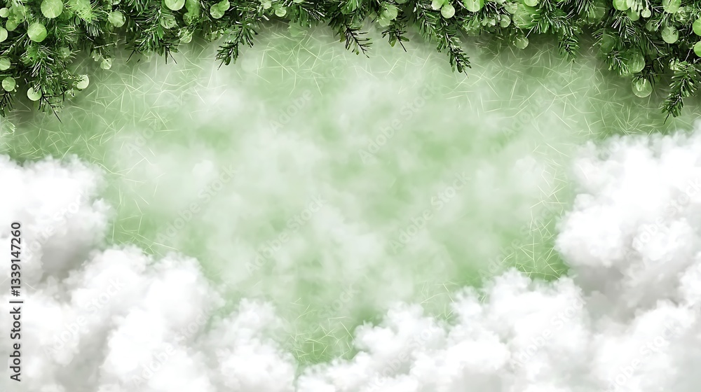 Poster lush green background with textured clouds and leafy border for creative design projects