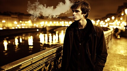 Obraz premium young man standing alone on a bridge at night, smoking a cigarette, with the city lights reflecting on the water below, creating a mood of isolation and introspection. Copy space. young man, 