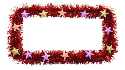 Festive Red Tinsel Christmas Frame with Colorful Stars, Holiday Border, Xmas Decoration