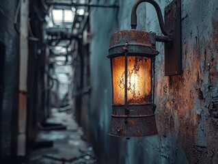 A weathered, vintage-style wall lamp provides dim light to a dark, abandoned hallway. The texture speaks of time and decay.