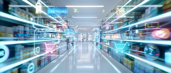 A 3D e commerce marketplace featuring floating digital shelves holographic product displays interactive elements and AI driven recommendations all set within a neon cyber aesthetic environment