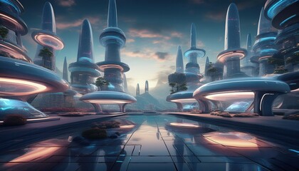 Futuristic city showcases sleek structures with glowing elements, set against a serene backdrop.