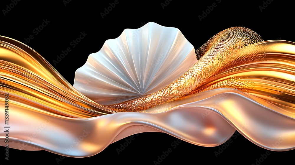 Poster abstract design featuring flowing gold and silver elements with a stylized shell and snake-like shap