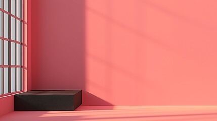 Bright Coral Room with Window and Minimalist Black Box Furniture under Subtle Shadows and Light