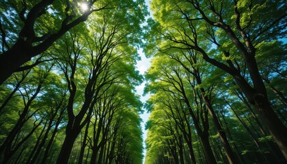 Fototapeta premium Lush green canopy forest nature photography tranquil environment upward view serenity