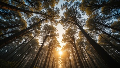 Fototapeta premium Sunrise through tall trees forest nature landscape early morning ground level tranquility
