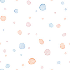 Seamless watercolor polka dot pattern. Playful and versatile pattern of scattering of hand-painted watercolor polka dots in a variety of soft pastel colors, including pink, blue and orange