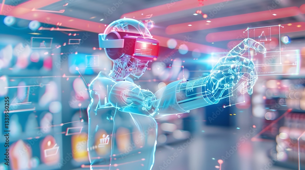 Poster ai powered shopping assistant with a glowing interface helping a futuristic shopper navigate an adva