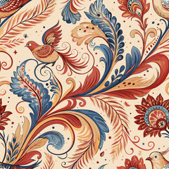whimsical, seamless, abstract, background, swirling, colors, blue, orange, Slavic, folk-art, dynamic, energetic, artistic, design, illustration, creativity, inspiration, vibrant, culture, traditional,