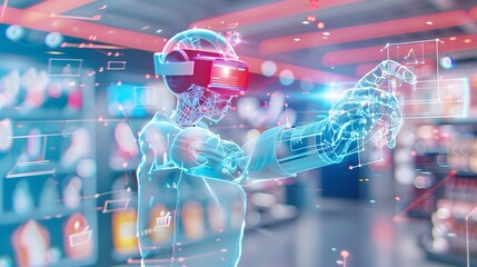 AI powered shopping assistant with a glowing interface helping a futuristic shopper navigate an advanced virtual mall seamless augmented reality shopping experience digital holograms
