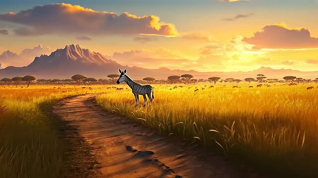 A serene sunset landscape featuring a lone zebra on a winding path through golden grasslands