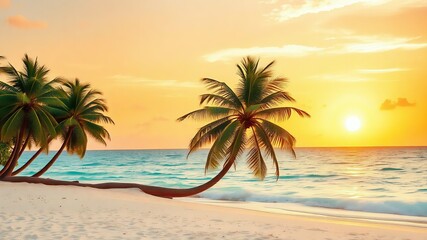 Obraz premium The image shows a serene beach scene at sunset. Palm trees frame the view as the sun dips below the horizon, casting a warm glow over the ocean. It creates a peaceful and tropical atmosphere.
