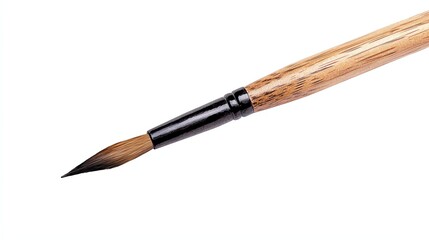 Fototapeta premium Detailed view of a fine brush with a wooden handle, isolated on a white background.