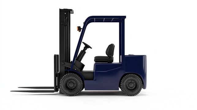 Detailed side view of a blue forklift on a white isolated background.