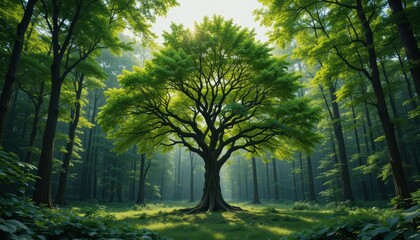 Obraz premium Majestic tree standing tall in lush forest nature photography serene environment ground level view