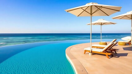 Obraz premium Luxury beach resort with infinity pool overlooking the ocean, stylish lounge chairs under sun umbrellas, calm and inviting ambiance, blue sky reflecting on the water