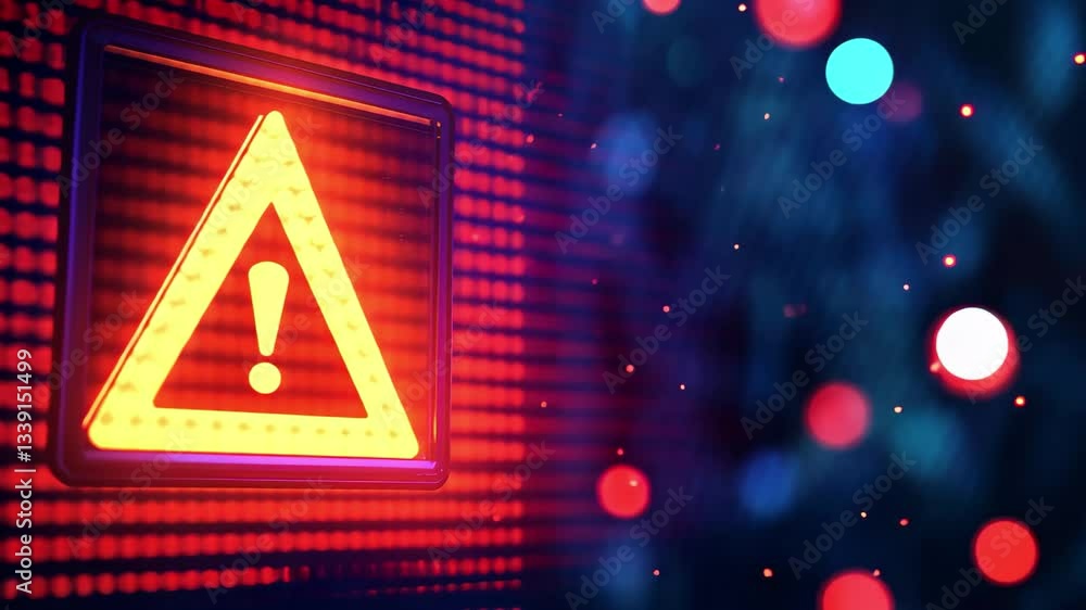 Poster warning icon indicating potential hazards in a digital environment with colorful background elements