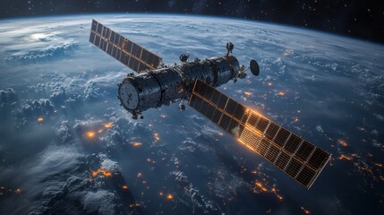 Obraz premium A satellite operates in low Earth orbit, gathering telemetry data on cosmic radiation and atmospheric conditions, contributing to research in astrophysics and space technology.