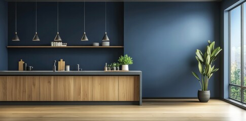 Modern Kitchen Interior with Navy Blue Wall, Wooden Bar Counter and Chairs, Right-Side Window, Plant in Vase, Minimalistic Style Concept Design for Home Decor