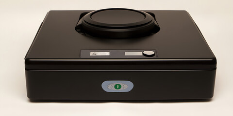 Fototapeta premium A black square device with a circular feature on top various buttons and a digital display.