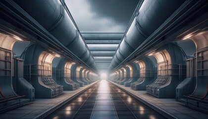 A long corridor showcases industrial architecture with a bright end, highlighting its modernity.