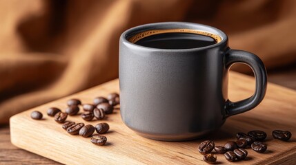 Steaming Cup of Coffee Resting on Rustic Wooden Board in Cozy Setting
