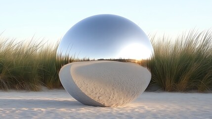 Reflective sphere on beach with dunes and sunset background