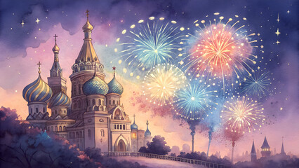 Obraz premium Fireworks watercolor background, soft radiant explosions in the night sky during Carnival, blending bright colors of purple, blue, and gold, evoking celebration and festivity with copy space 