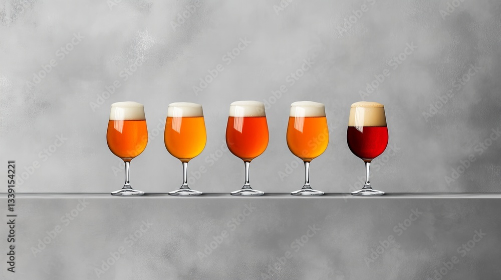Poster five beer glasses filled with different colored beers are displayed in a lineup on a gray surface ag